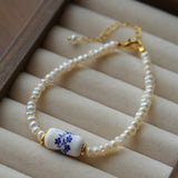Blue and White Porcelain Freshwater Pearl Beaded Bracelet | Oriental Minimalist Luxury Jewelry - floysun