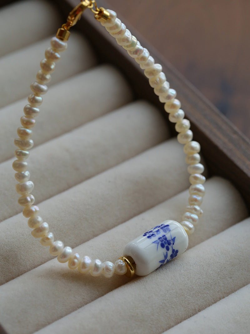 Blue and White Porcelain Freshwater Pearl Beaded Bracelet | Oriental Minimalist Luxury Jewelry - floysun