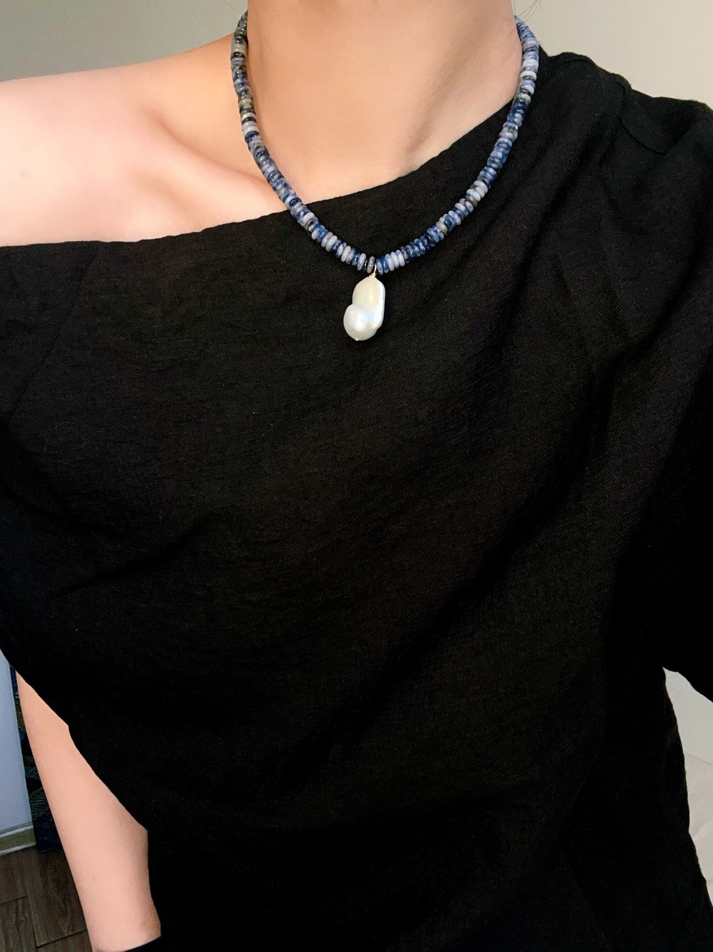Blue Dot Stone & Baroque Pearl Beaded Necklace - floysun