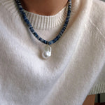 Blue Dot Stone & Baroque Pearl Beaded Necklace - floysun