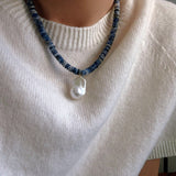 Blue Dot Stone & Baroque Pearl Beaded Necklace - floysun