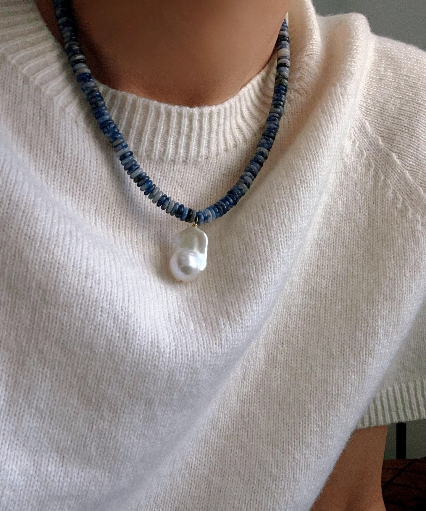 Blue Dot Stone & Baroque Pearl Beaded Necklace - floysun
