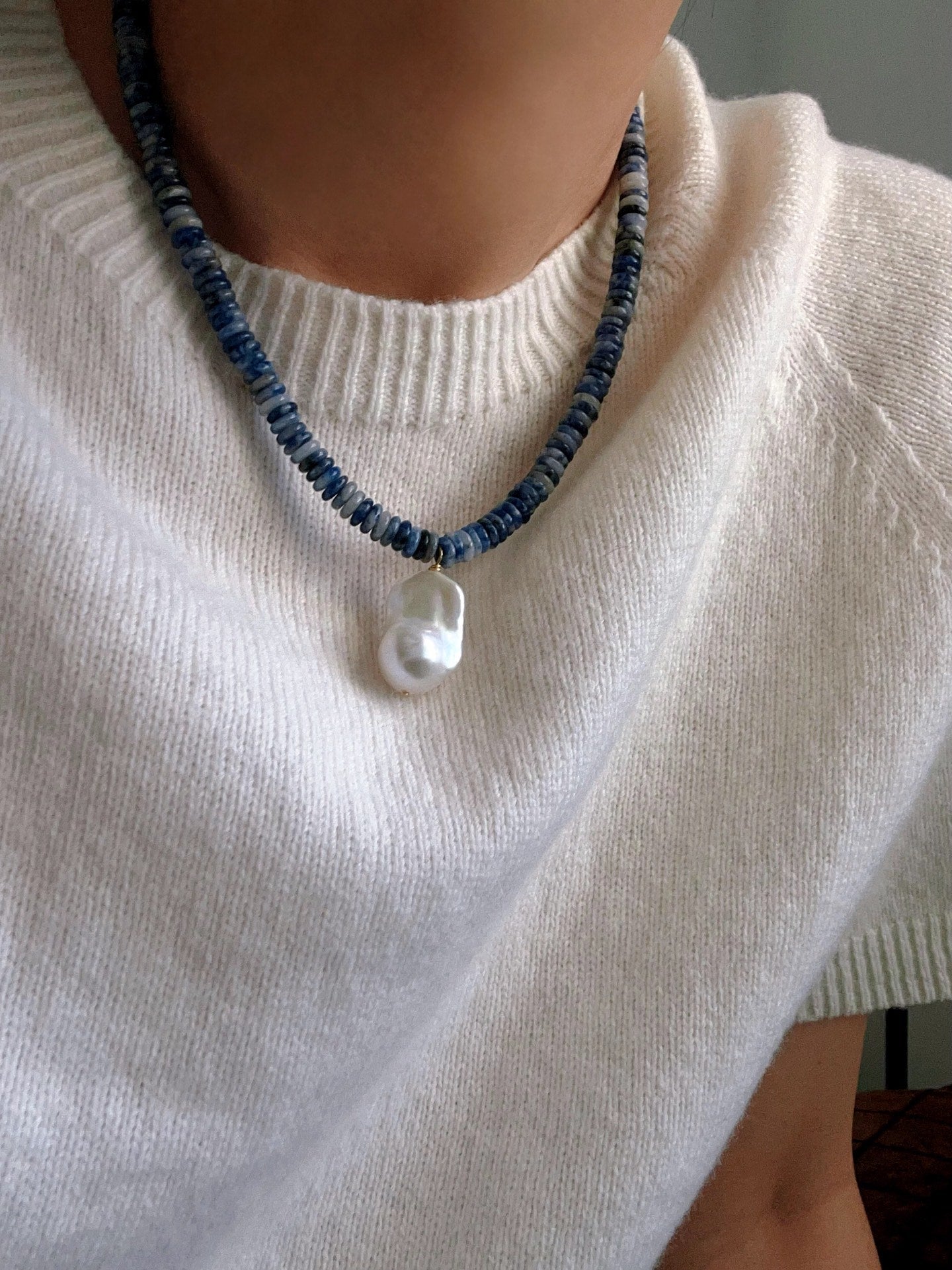 Blue Dot Stone & Baroque Pearl Beaded Necklace - floysun