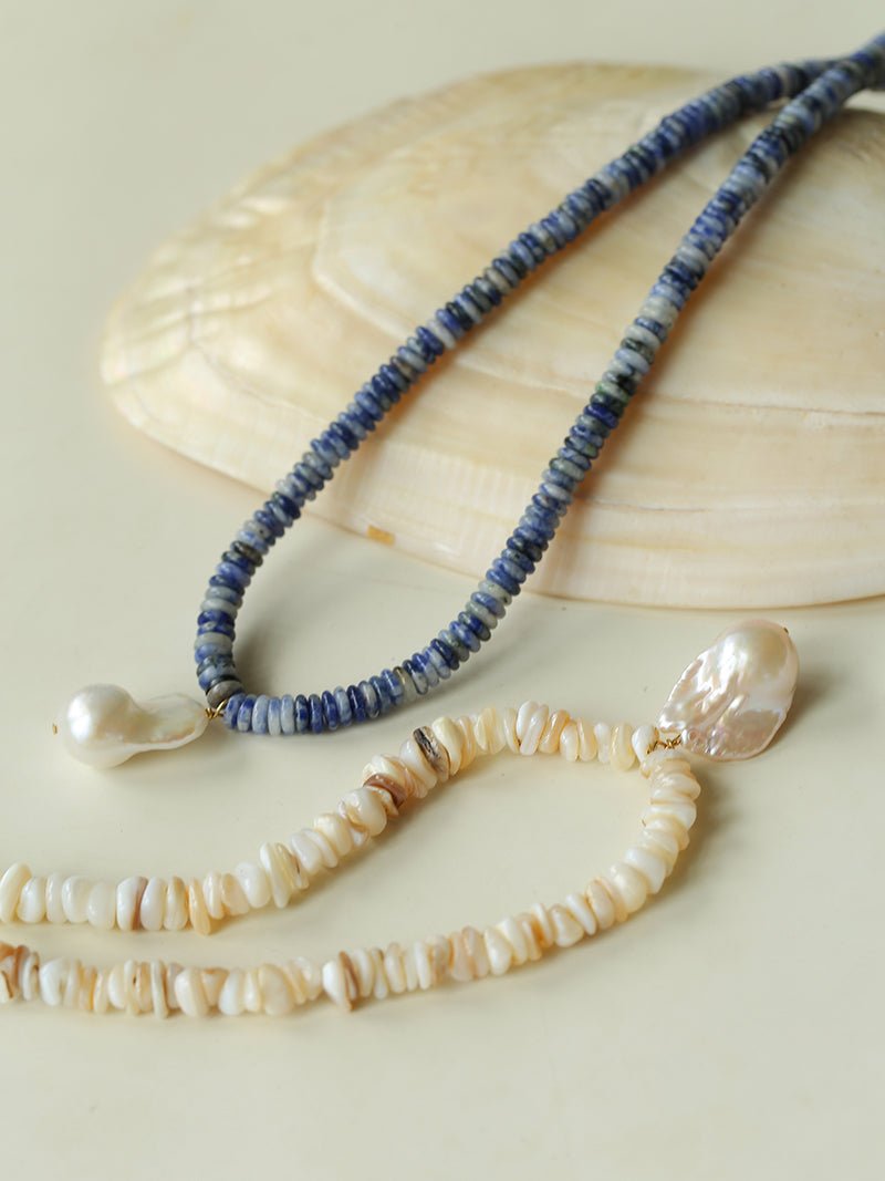 Blue Dot Stone & Baroque Pearl Beaded Necklace - floysun