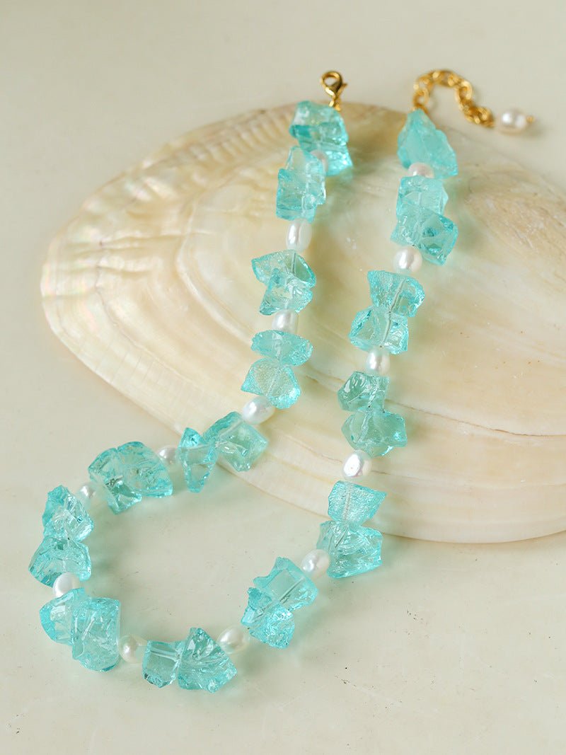 Blue Irregular Glass & Pearl Vacation Collarbone Necklace - floysun