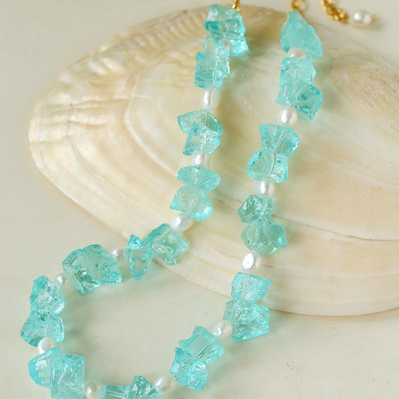 Blue Irregular Glass & Pearl Vacation Collarbone Necklace - floysun