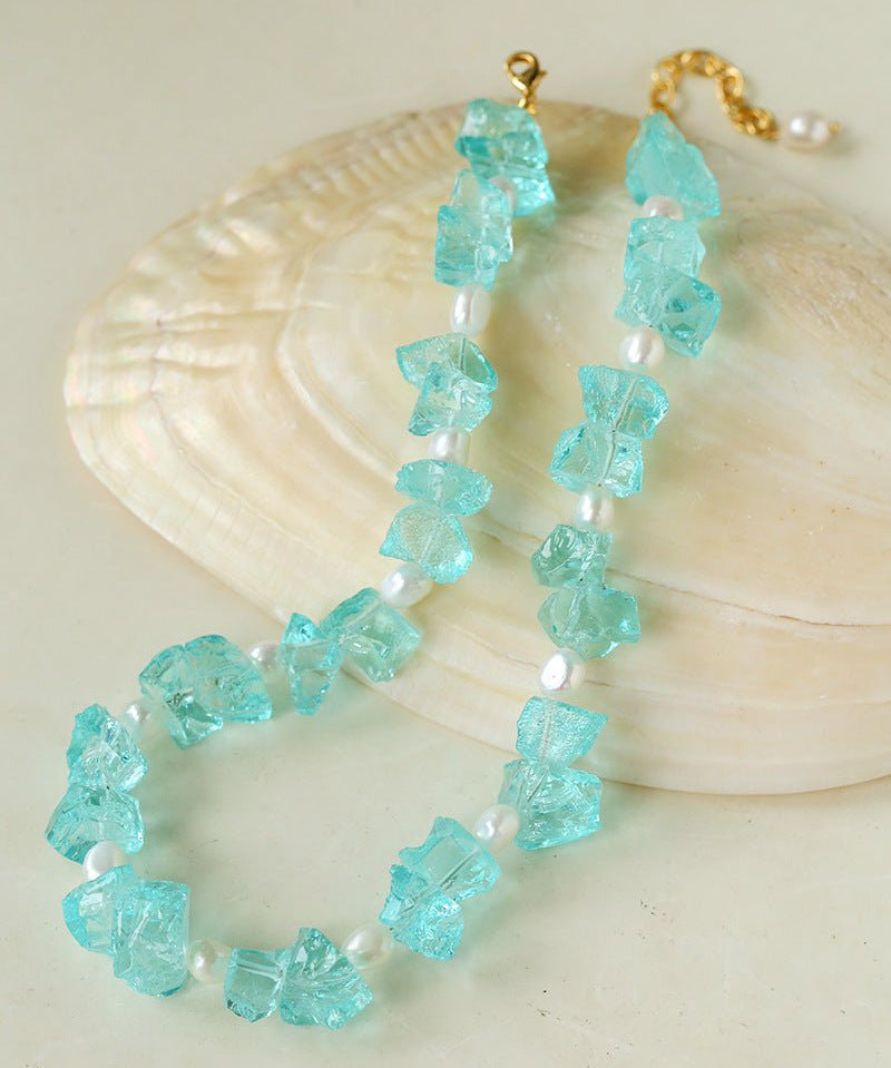 Blue Irregular Glass & Pearl Vacation Collarbone Necklace - floysun
