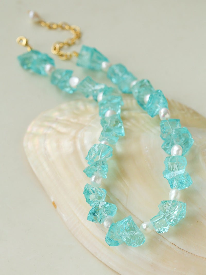 Blue Irregular Glass & Pearl Vacation Collarbone Necklace - floysun