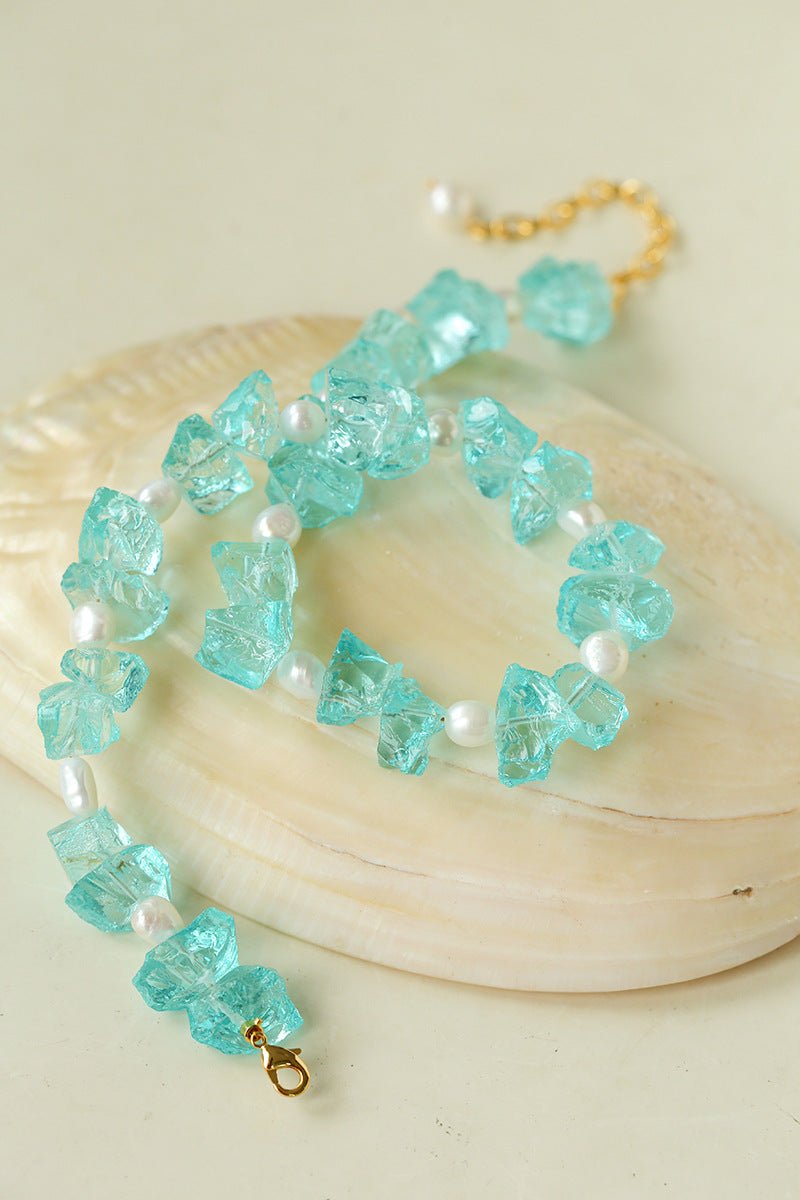 Blue Irregular Glass & Pearl Vacation Collarbone Necklace - floysun