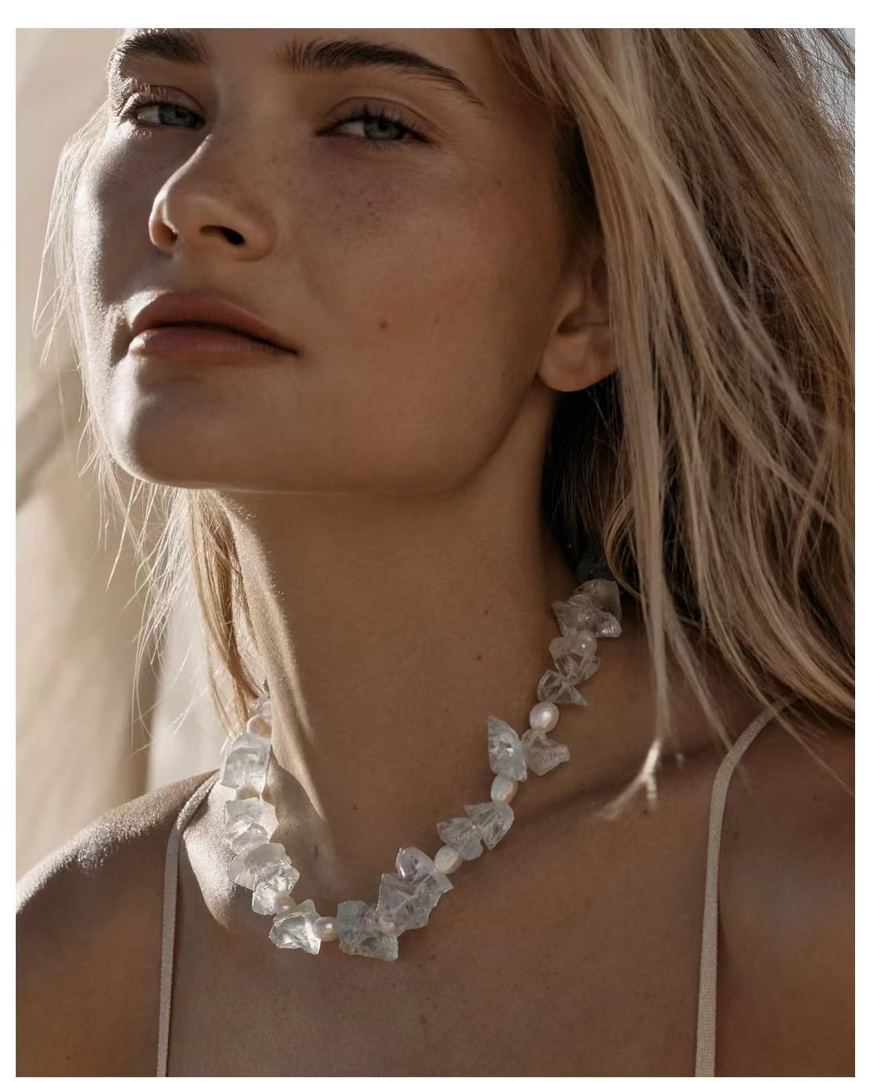 Blue Irregular Glass & Pearl Vacation Collarbone Necklace - floysun