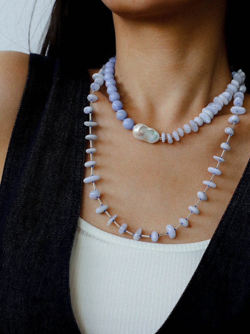 Blue Lace Agate Baroque Pearl Necklace - floysun