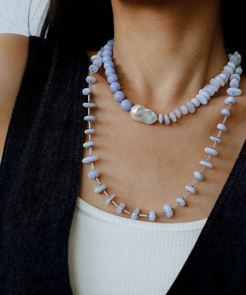 Blue Lace Agate Baroque Pearl Necklace - floysun