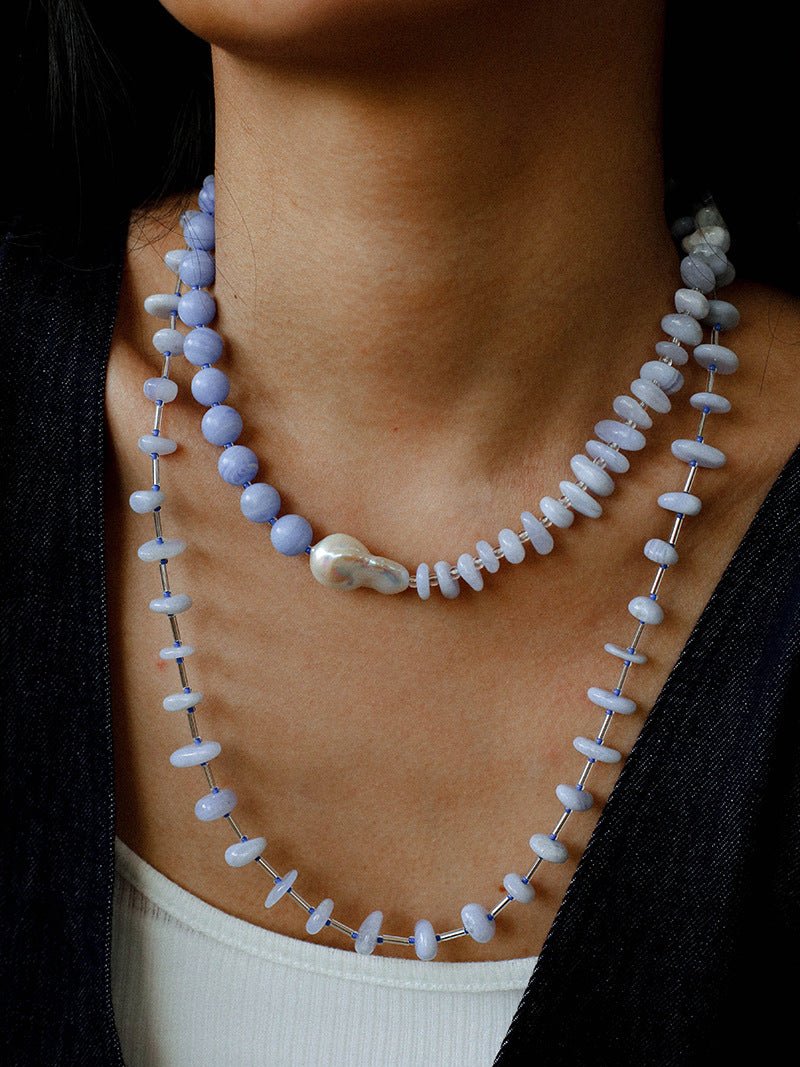Blue Lace Agate Baroque Pearl Necklace - floysun