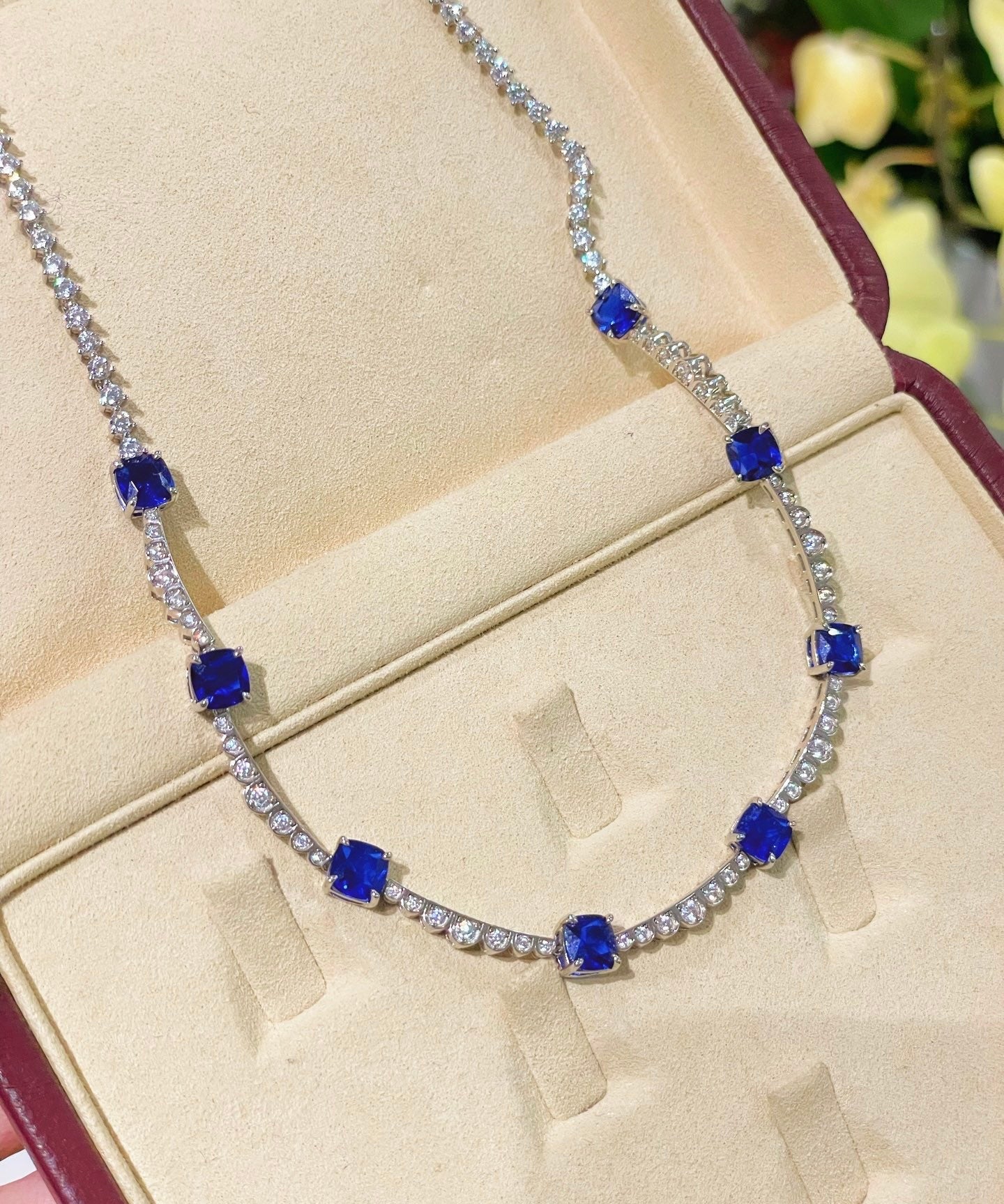 Blue Sapphire T - Cut Princess Choker Necklace with Diamond Accents - floysun