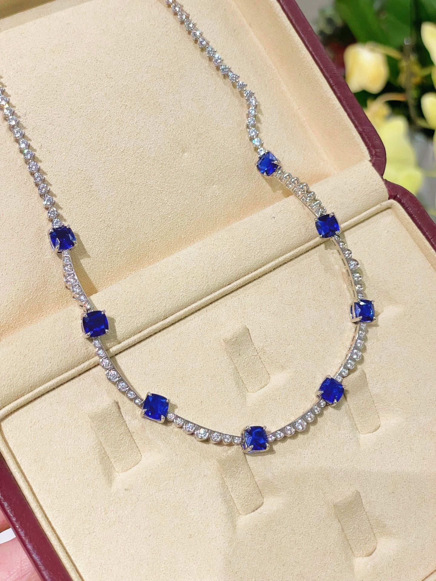 Blue Sapphire T - Cut Princess Choker Necklace with Diamond Accents - floysun