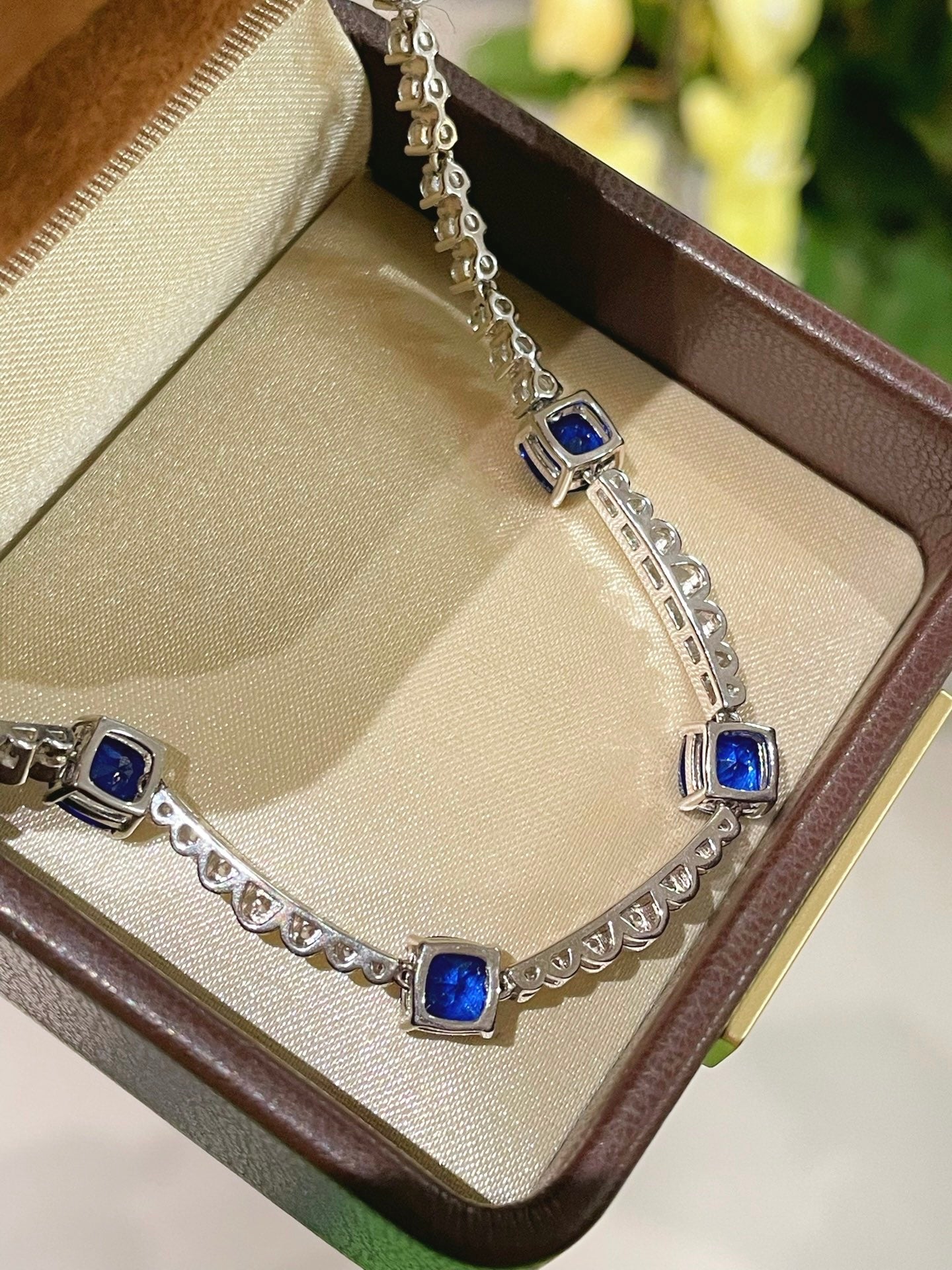 Blue Sapphire T - Cut Princess Choker Necklace with Diamond Accents - floysun