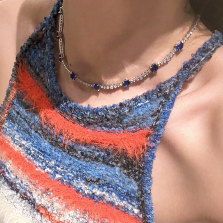 Blue Sapphire T - Cut Princess Choker Necklace with Diamond Accents - floysun
