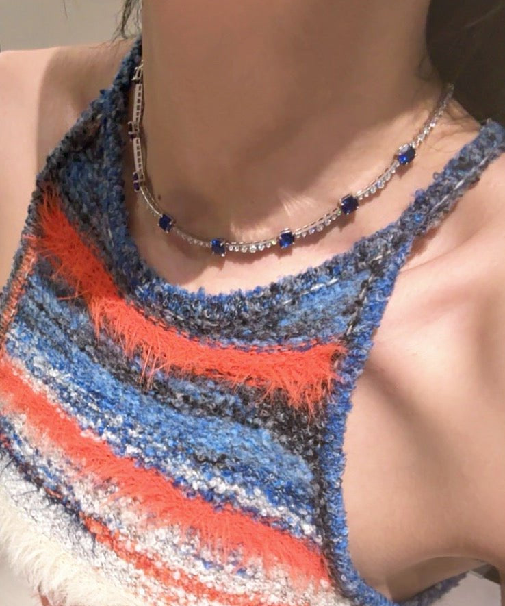 Blue Sapphire T - Cut Princess Choker Necklace with Diamond Accents - floysun