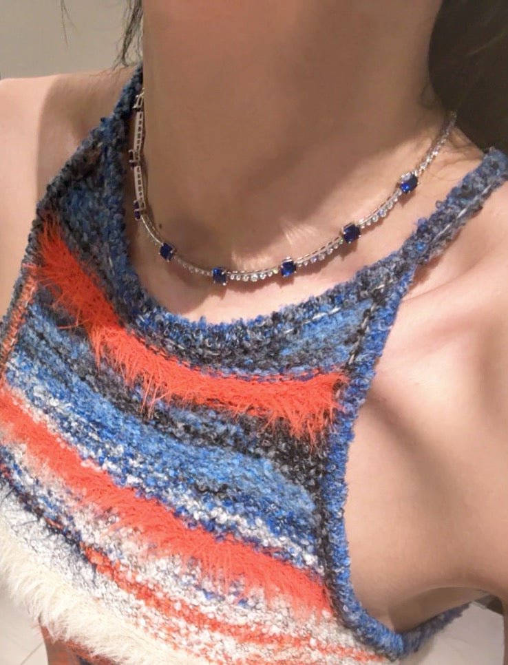 Blue Sapphire T - Cut Princess Choker Necklace with Diamond Accents - floysun