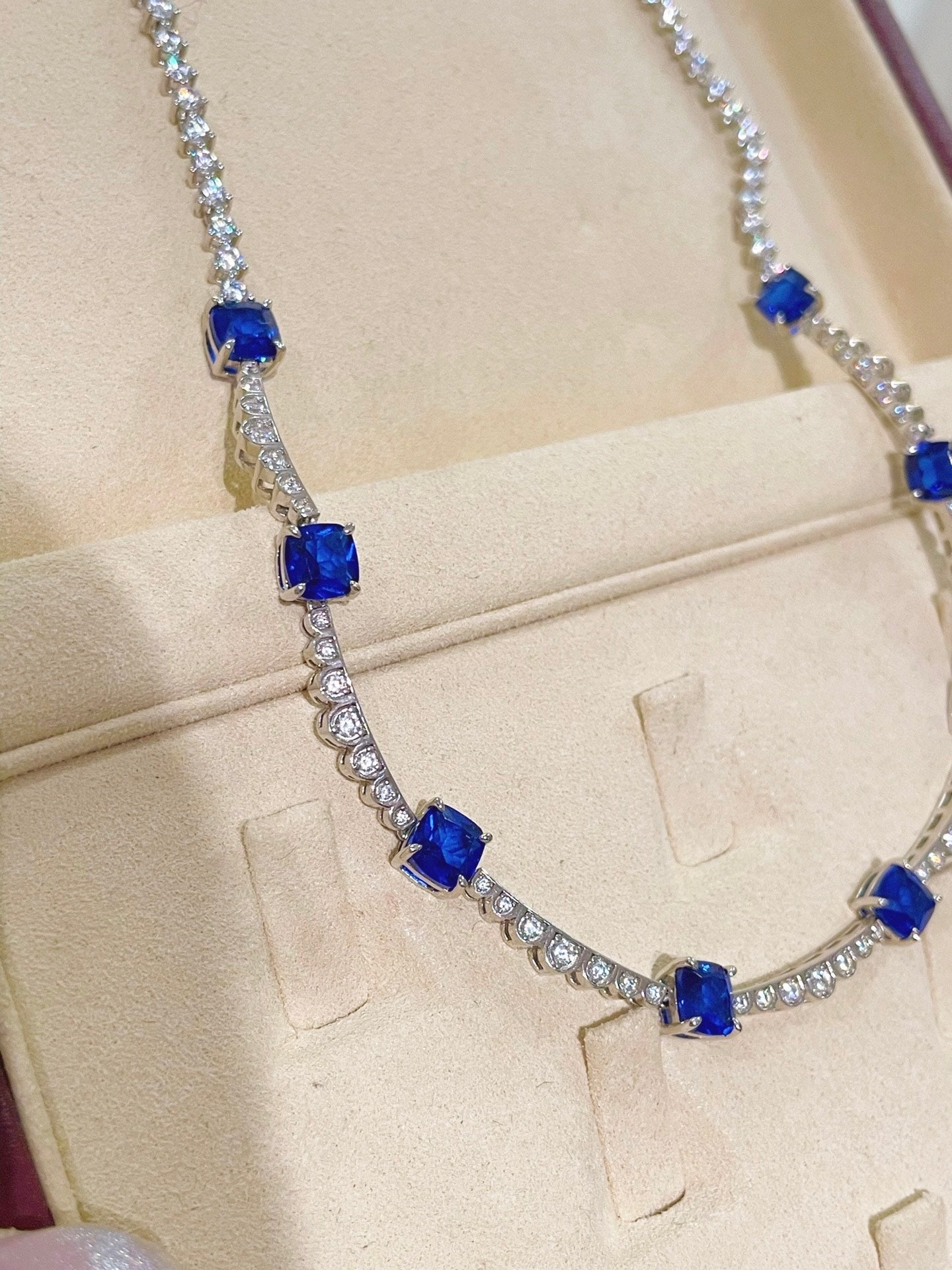 Blue Sapphire T - Cut Princess Choker Necklace with Diamond Accents - floysun