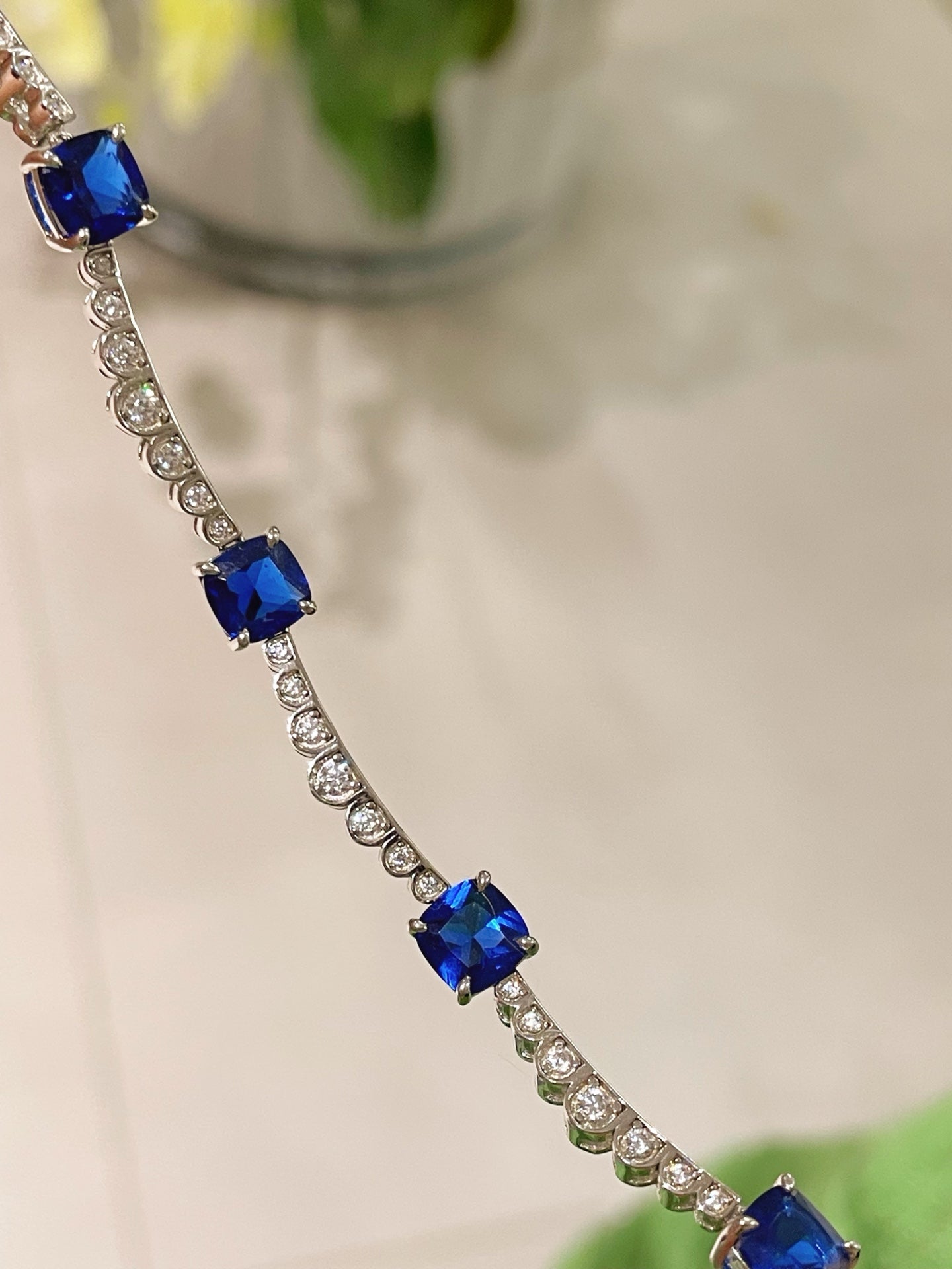 Blue Sapphire T - Cut Princess Choker Necklace with Diamond Accents - floysun