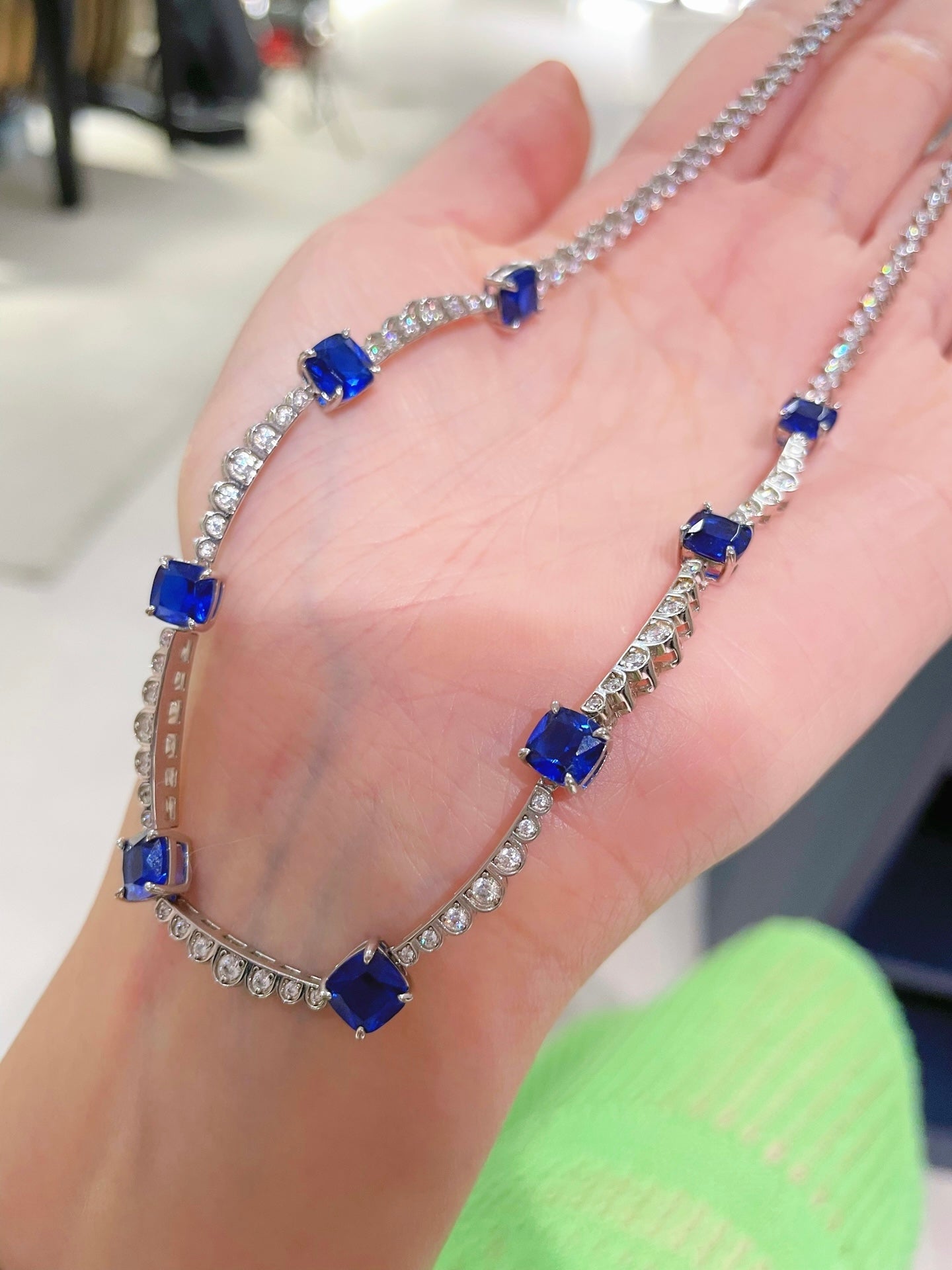 Blue Sapphire T - Cut Princess Choker Necklace with Diamond Accents - floysun