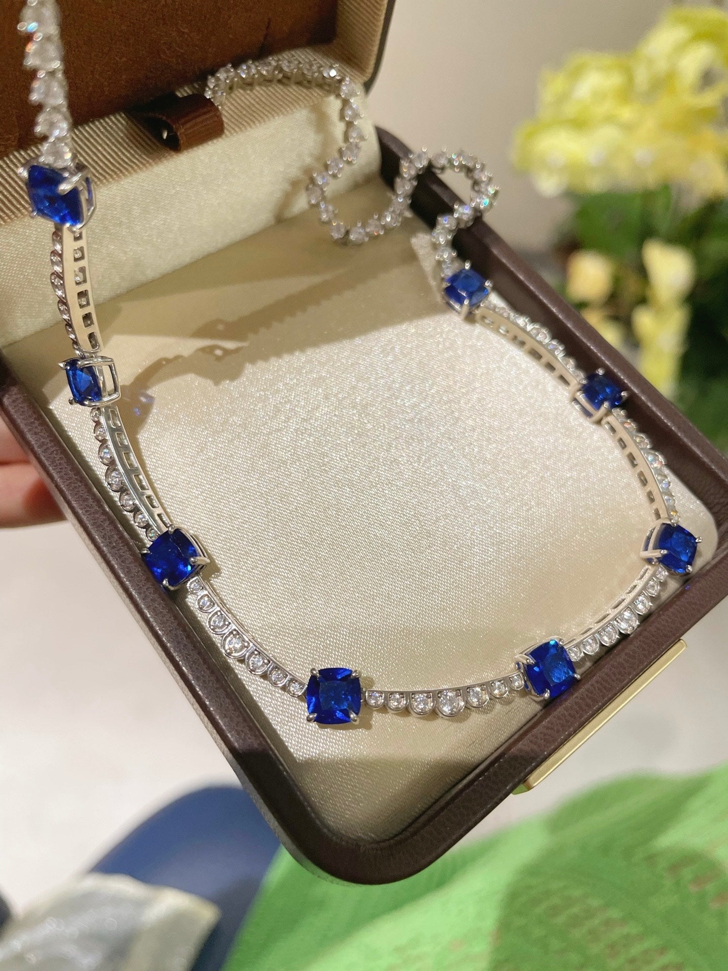 Blue Sapphire T - Cut Princess Choker Necklace with Diamond Accents - floysun