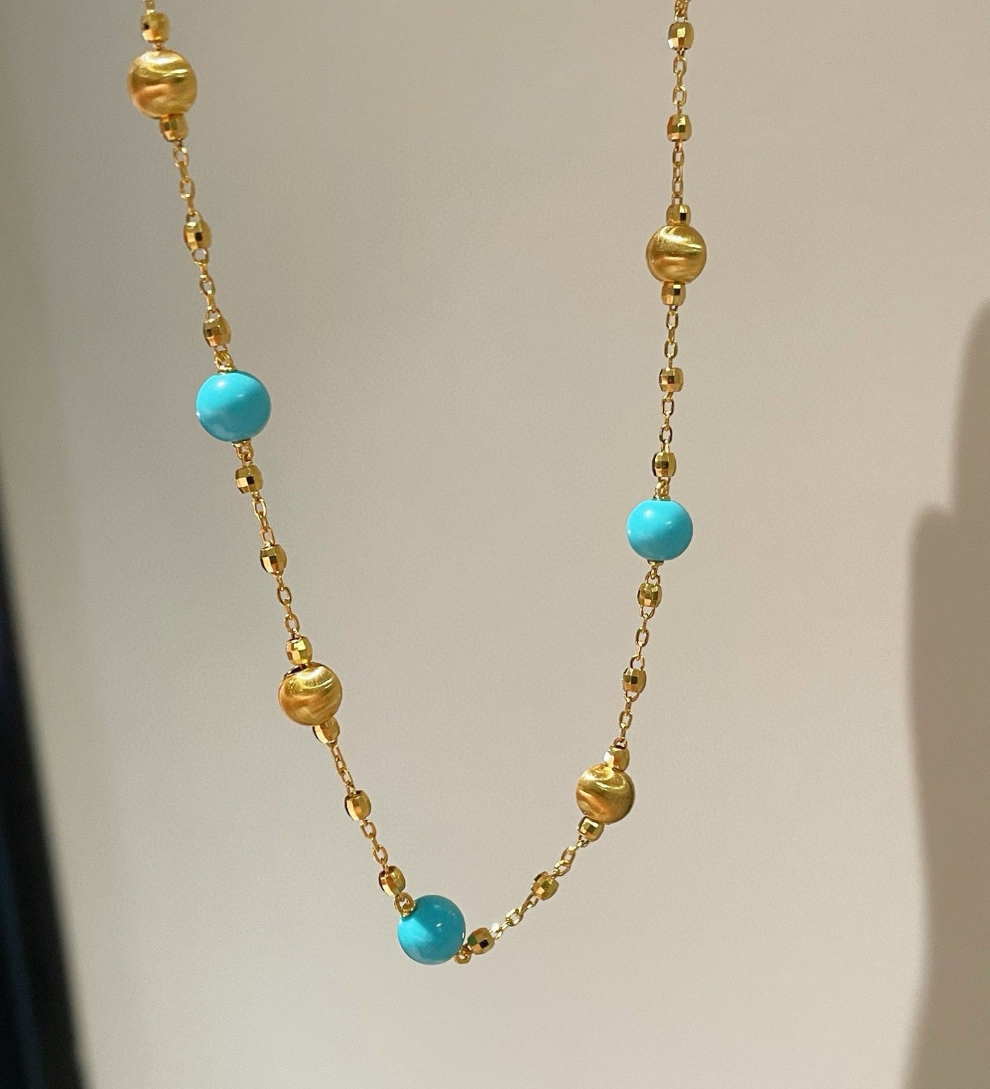 Blue Turquoise & Brushed Gold Beaded Starry Sky Necklace - floysun