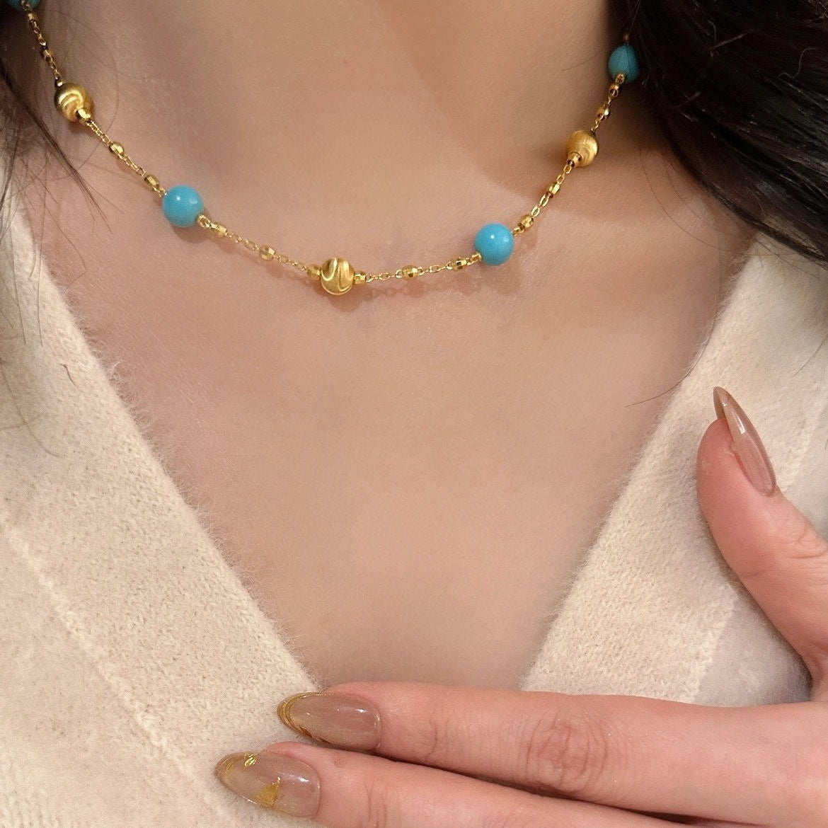 Blue Turquoise & Brushed Gold Beaded Starry Sky Necklace - floysun