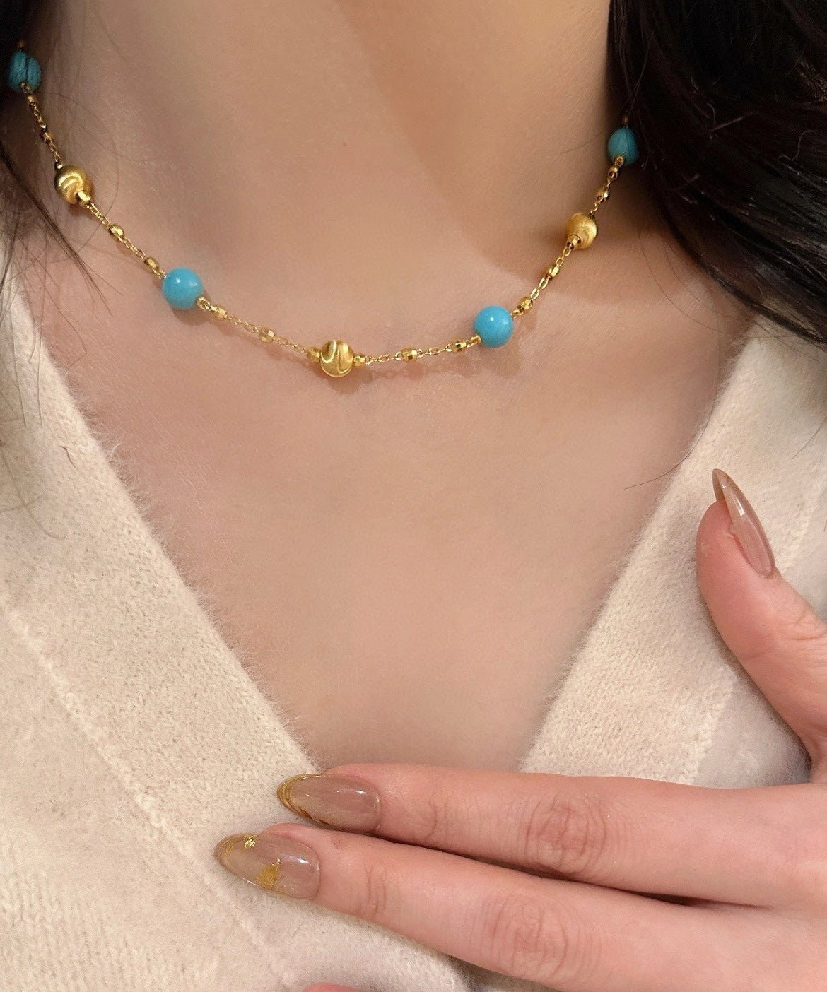 Blue Turquoise & Brushed Gold Beaded Starry Sky Necklace - floysun