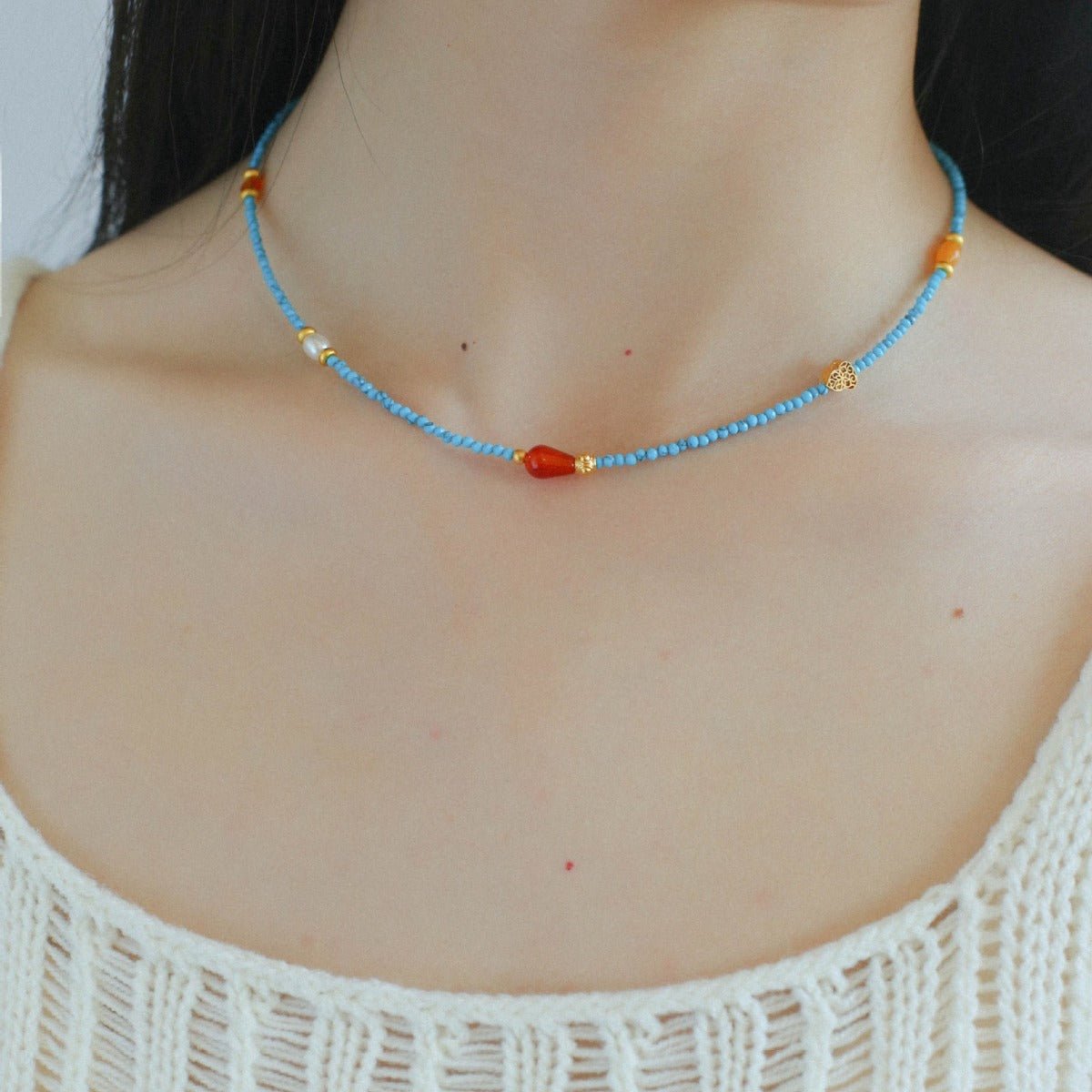 Blue Turquoise Red Onyx Multi-element Beaded Necklace - floysun