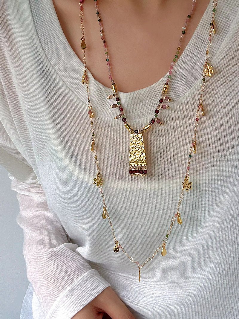 Blush Bloom Tourmaline Necklace | Floral Pendant on Adjustable Rainbow Cord - floysun