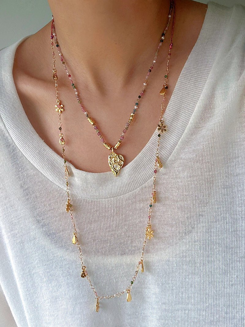 Blush Bloom Tourmaline Necklace | Floral Pendant on Adjustable Rainbow Cord - floysun