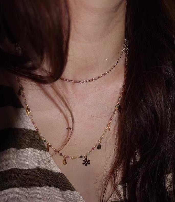 Blush Bloom Tourmaline Necklace | Floral Pendant on Adjustable Rainbow Cord - floysun