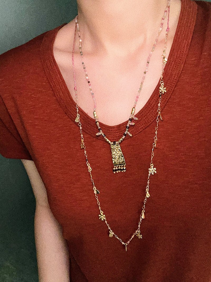 Blush Bloom Tourmaline Necklace | Floral Pendant on Adjustable Rainbow Cord - floysun