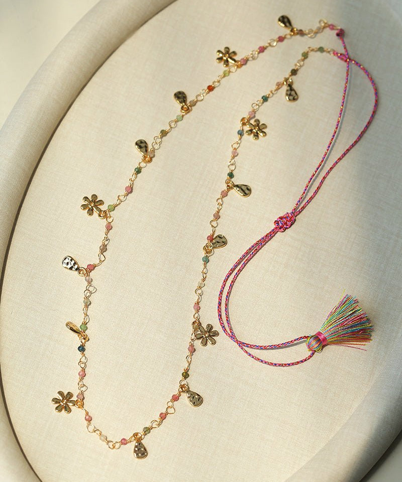 Blush Bloom Tourmaline Necklace | Floral Pendant on Adjustable Rainbow Cord - floysun
