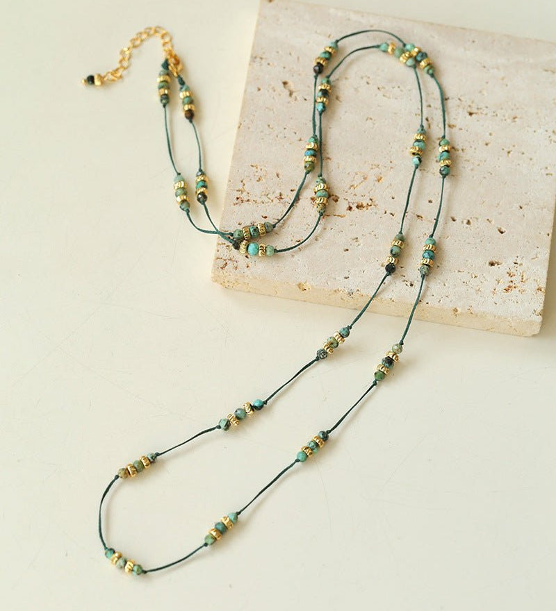 Bohemian African Turquoise Waxed Cord Long Necklace - floysun