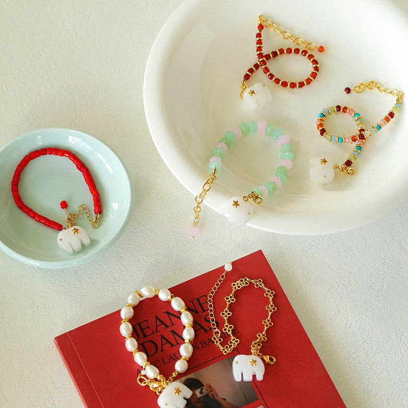 Bohemian Auspicious Elephant Collection White Jade Elephant Bracelet - floysun