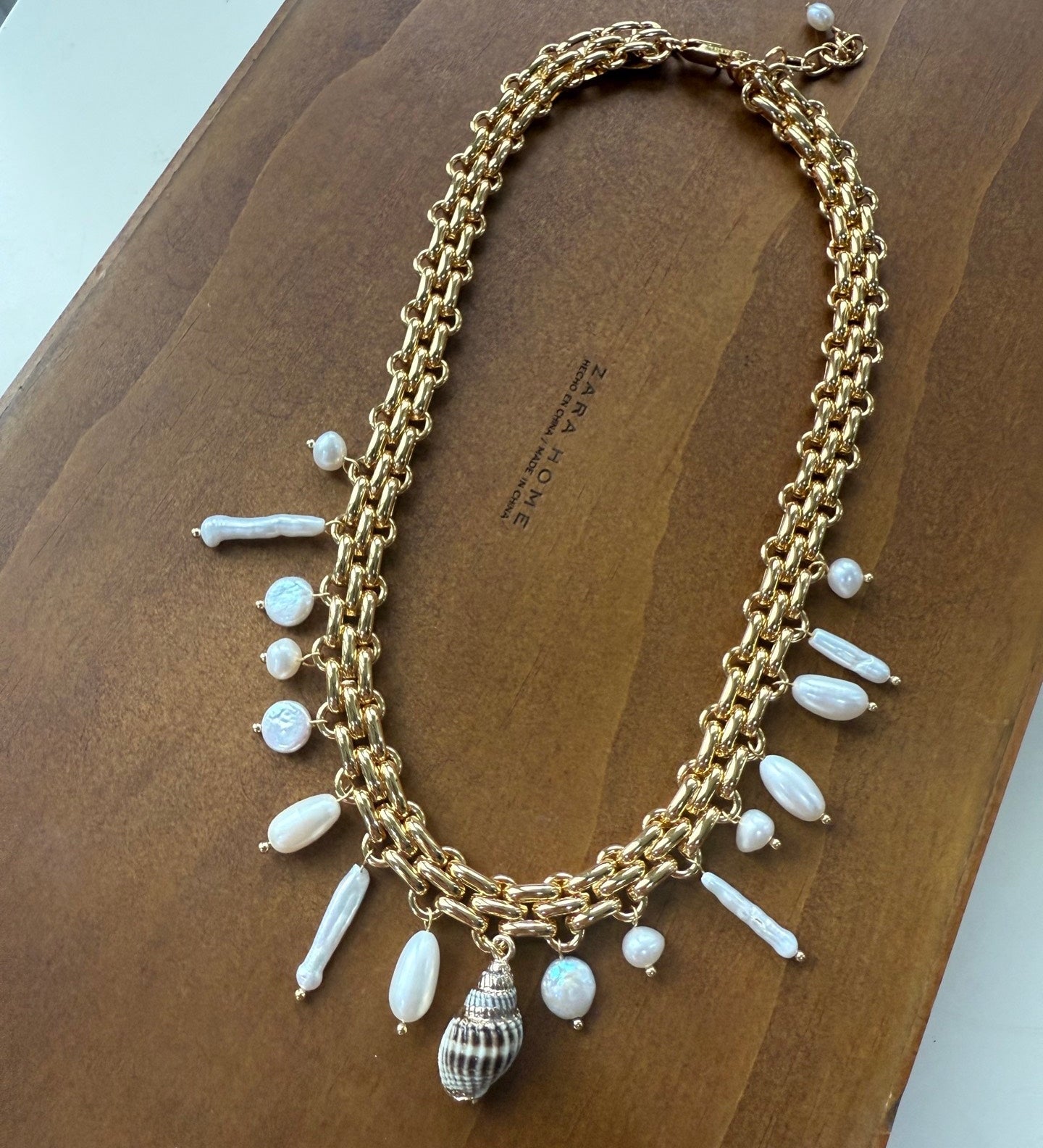 Bohemian Charm Wide Chain Necklace – Natural Pearls & Shell Accents - floysun