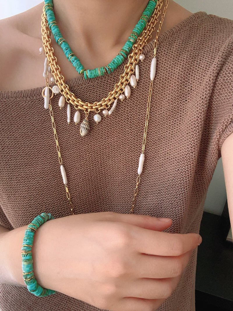 Bohemian Charm Wide Chain Necklace – Natural Pearls & Shell Accents - floysun