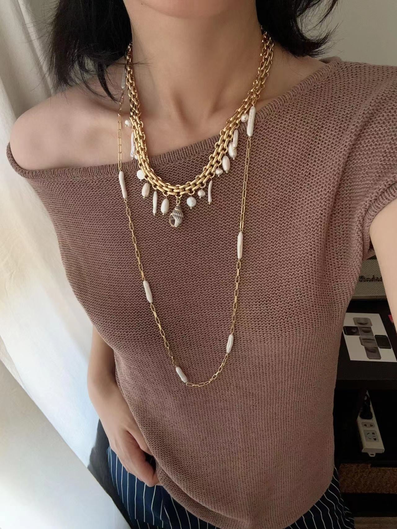Bohemian Charm Wide Chain Necklace – Natural Pearls & Shell Accents - floysun