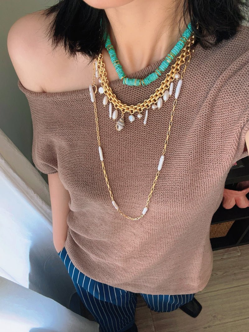Bohemian Charm Wide Chain Necklace – Natural Pearls & Shell Accents - floysun