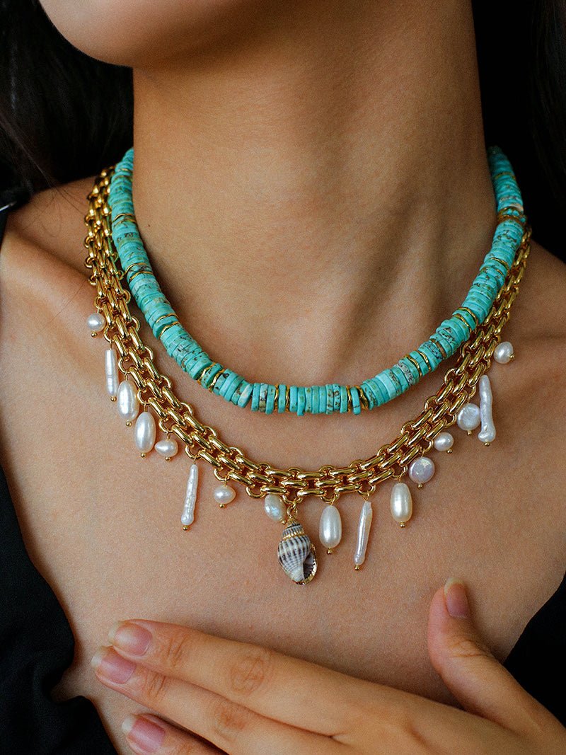 Bohemian Charm Wide Chain Necklace – Natural Pearls & Shell Accents - floysun