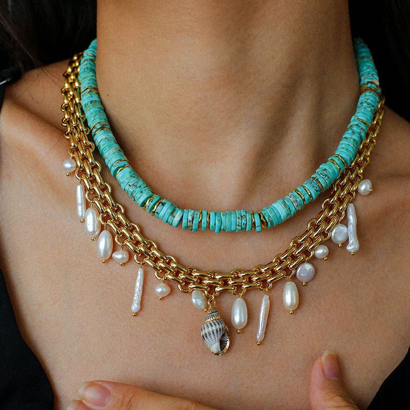 Bohemian Charm Wide Chain Necklace – Natural Pearls & Shell Accents - floysun