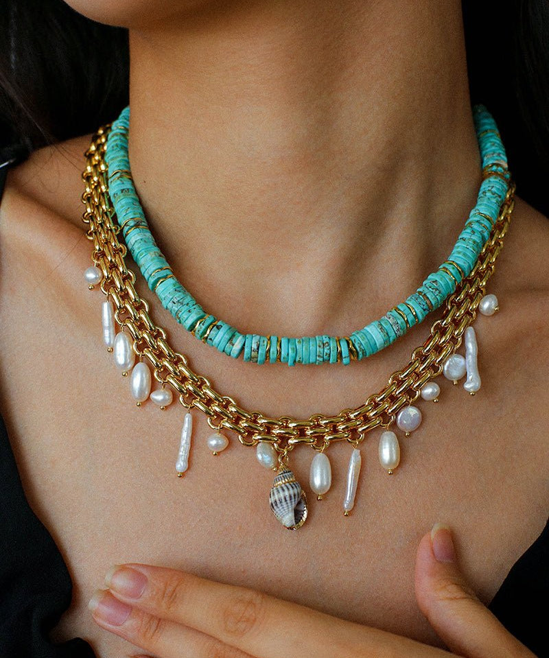 Bohemian Charm Wide Chain Necklace – Natural Pearls & Shell Accents - floysun