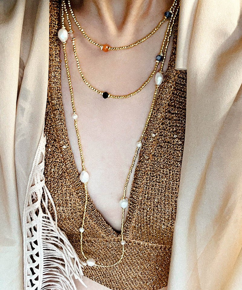 Bohemian Faceted Gold Bead Necklace – Colorful Gemstone or Pearl Style - floysun