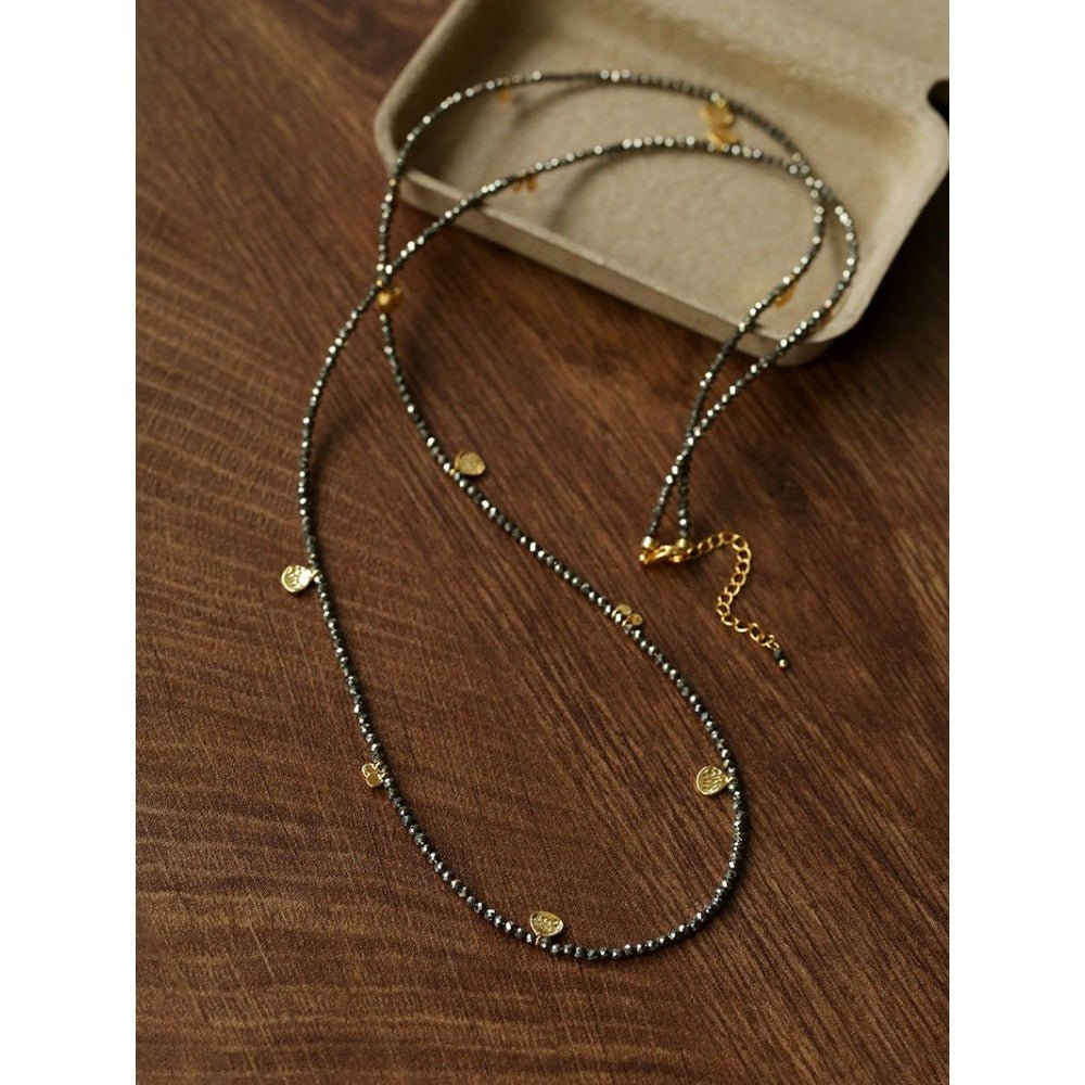 Bohemian Faceted Pyrite Beads Long Necklace with Irregular Gold Discs - floysun
