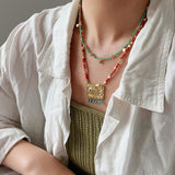 Bohemian Fish Necklace – Green Stone & Pearl Layered - floysun