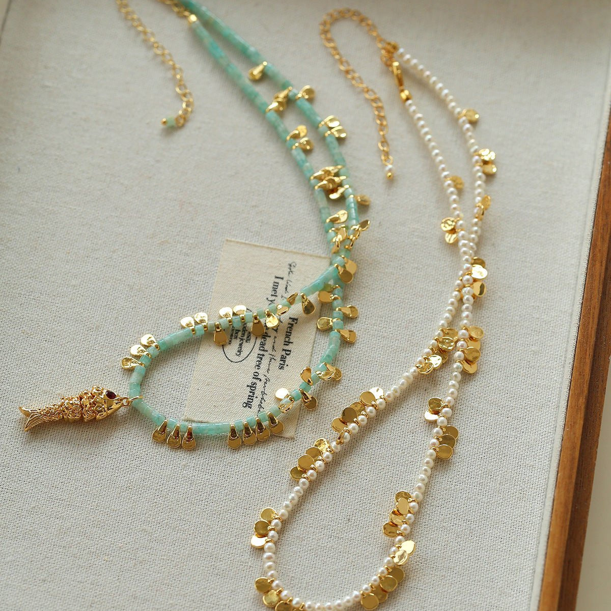 Bohemian Fish Necklace – Green Stone & Pearl Layered - floysun