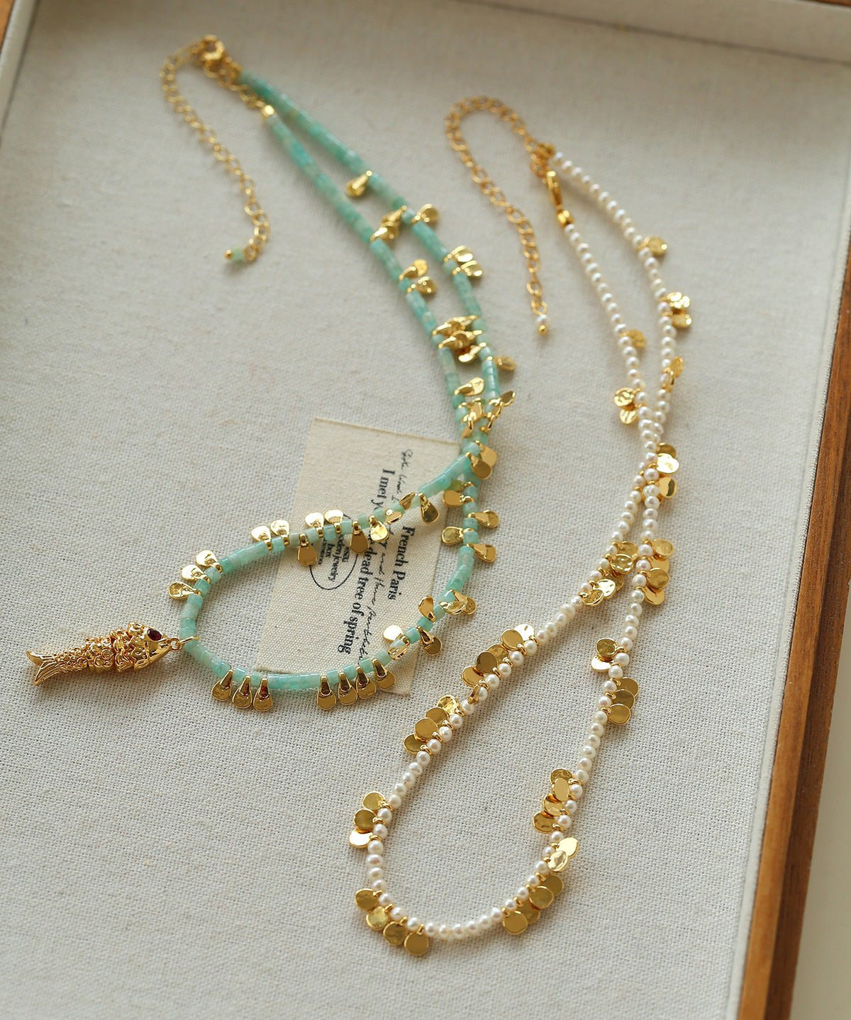 Bohemian Fish Necklace – Green Stone & Pearl Layered - floysun